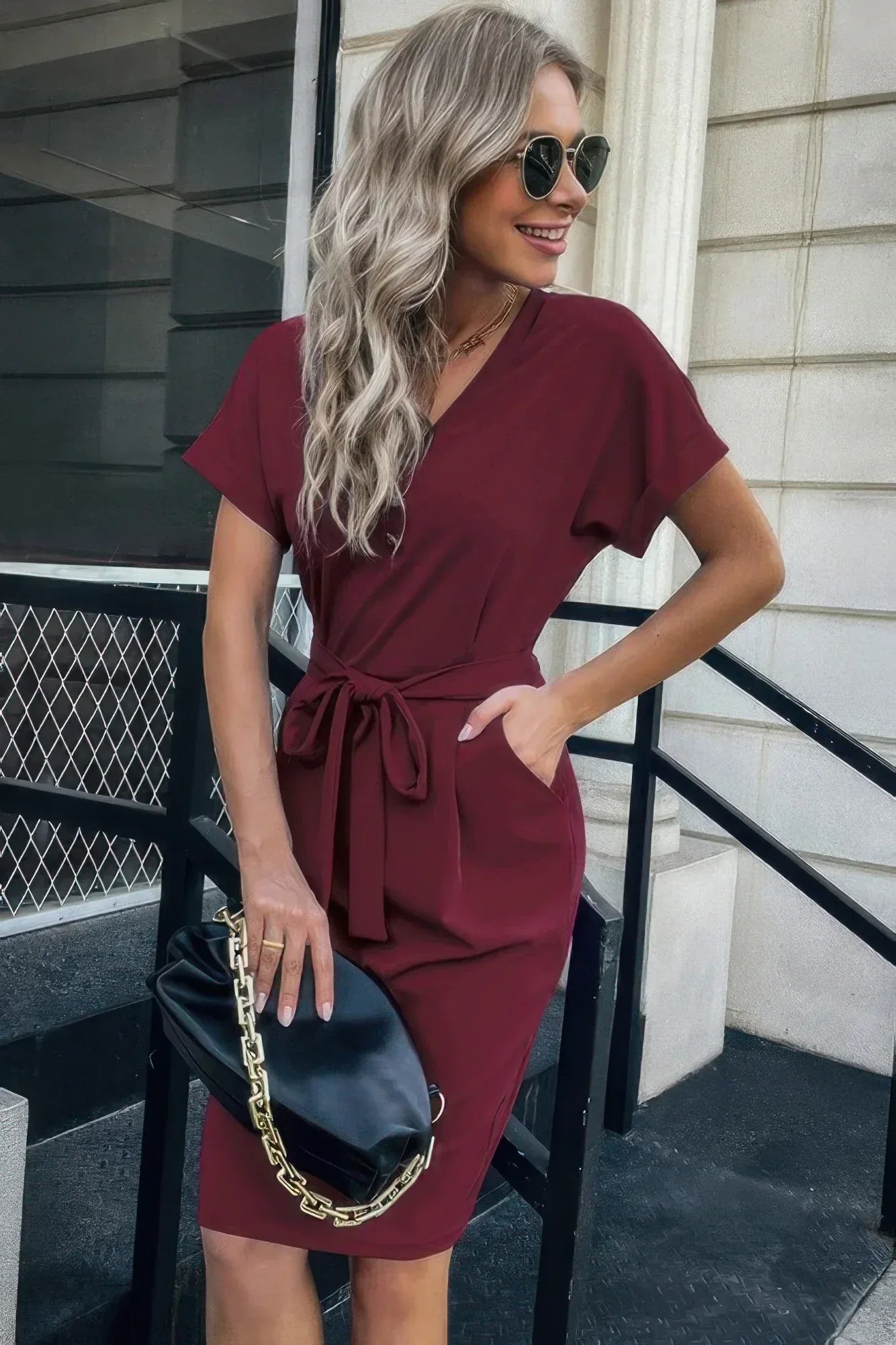 Solid Button Detail Cuffed Pocket Short Dress | Mixtshop LLC