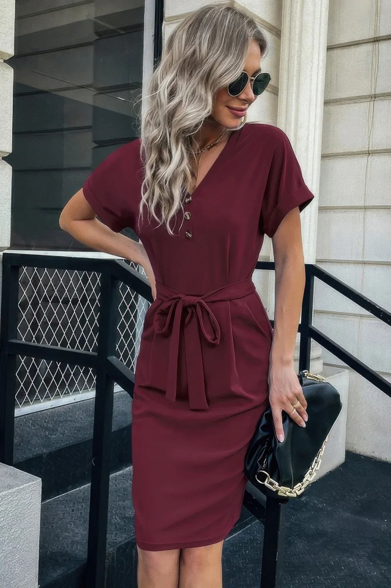 Solid Button Detail Cuffed Pocket Short Dress | Mixtshop LLC