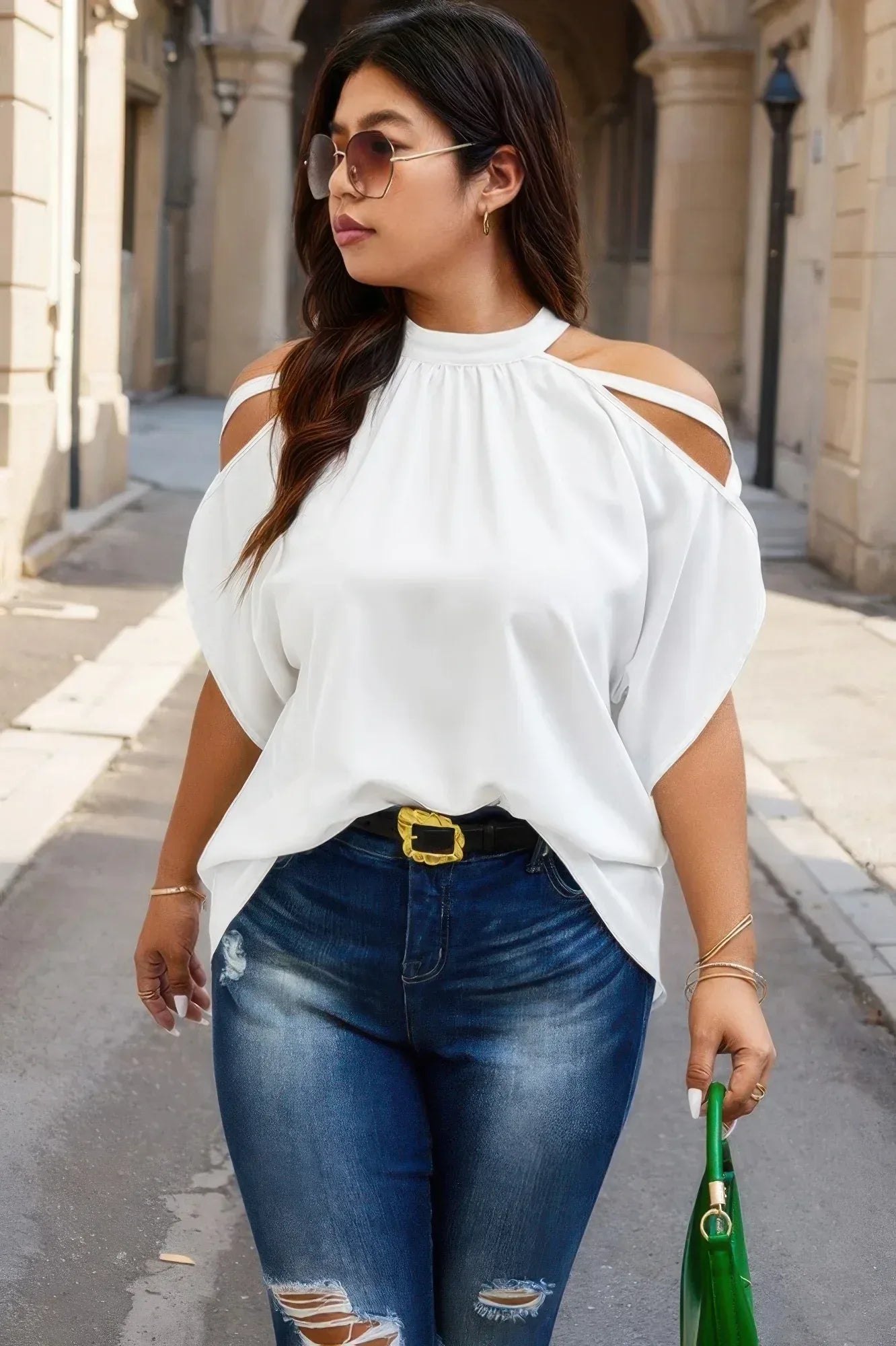 Plus Halter Open Shoulder Bat Sleeves Loose Top | Mixtshop LLC Main image