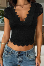 Solid Color Block V Neck Lace Trim Fit Shirt | Mixtshop LLC