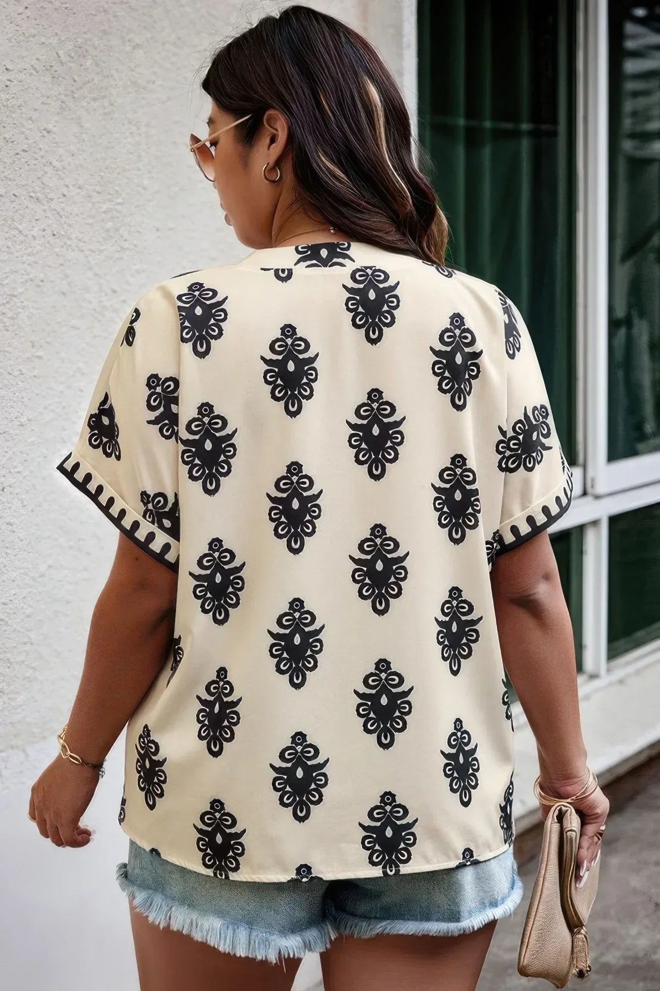 Plus Size Short Sleeve V Neck Printed Blouse | Mixtshop LLC