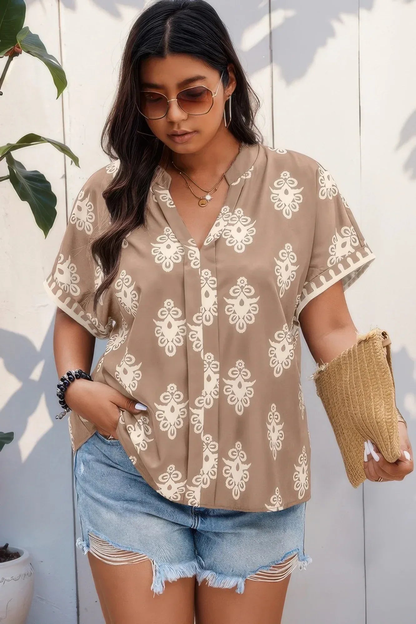 Plus Size Short Sleeve V Neck Printed Blouse | Mixtshop LLC