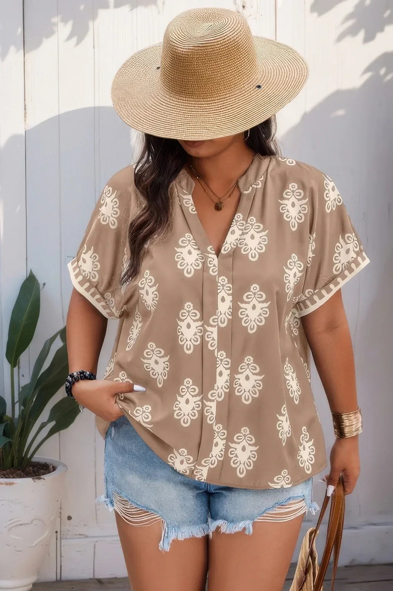 Plus Size Short Sleeve V Neck Printed Blouse | Mixtshop LLC