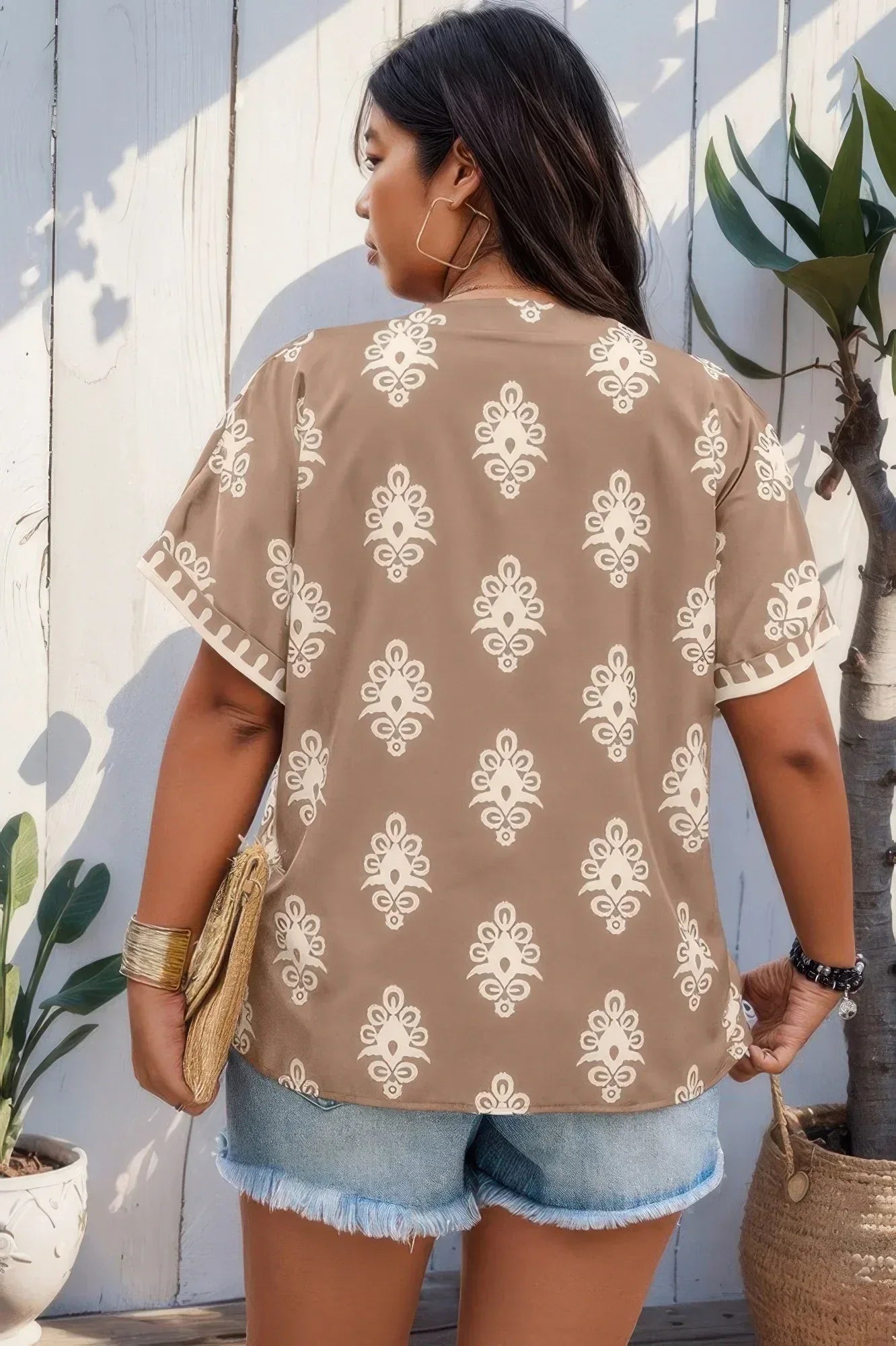 Plus Size Short Sleeve V Neck Printed Blouse | Mixtshop LLC