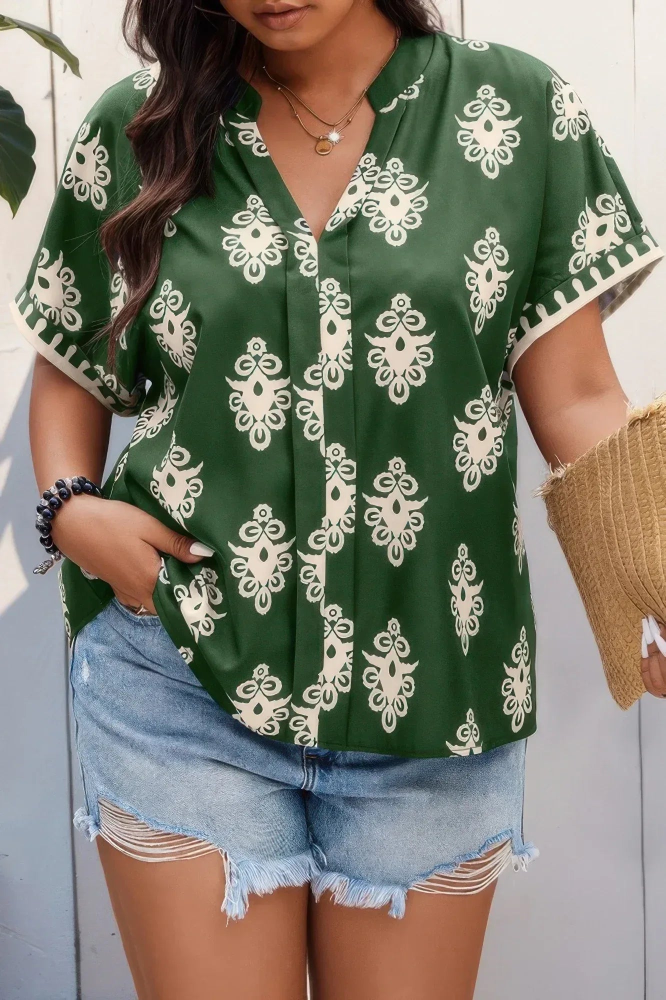 Plus Size Short Sleeve V Neck Printed Blouse | Mixtshop LLC