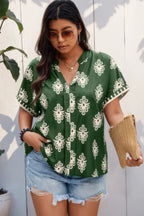 Plus Size Short Sleeve V Neck Printed Blouse | Mixtshop LLC