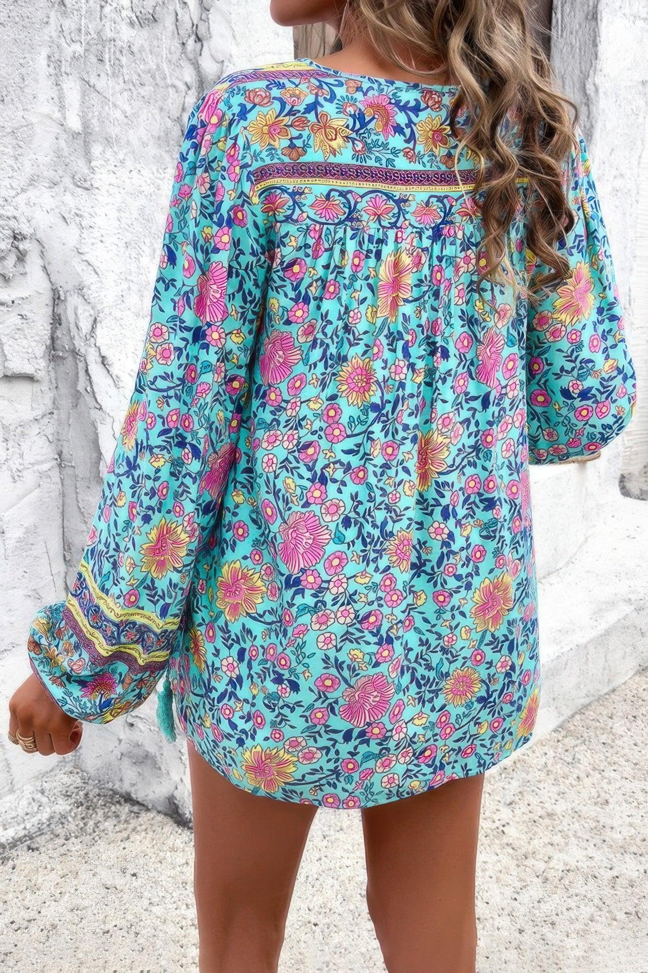 All Over Floral Print Cross Deep V Boho Top | Mixtshop LLC