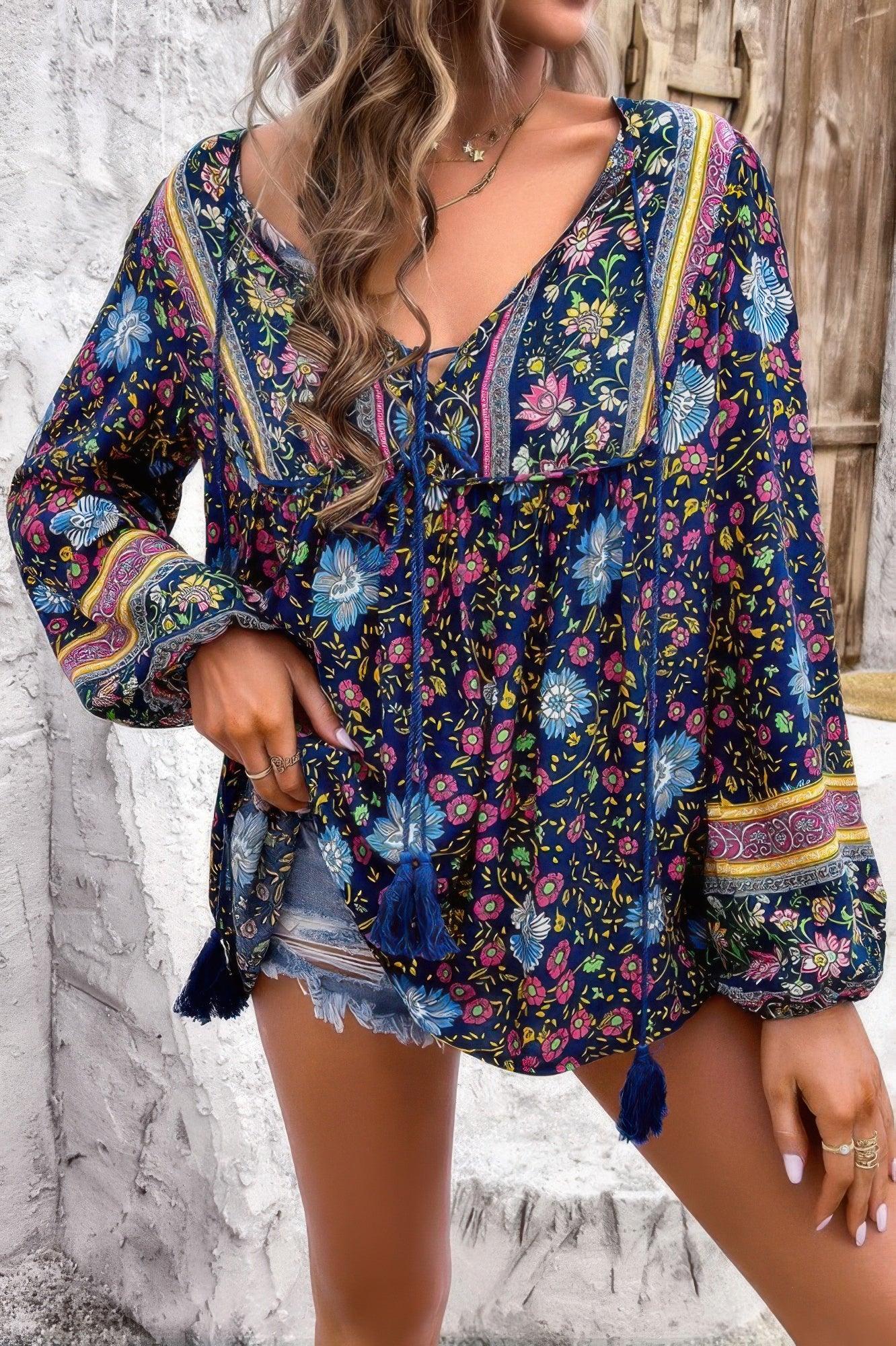 All Over Floral Print Cross Deep V Boho Top | Mixtshop LLC