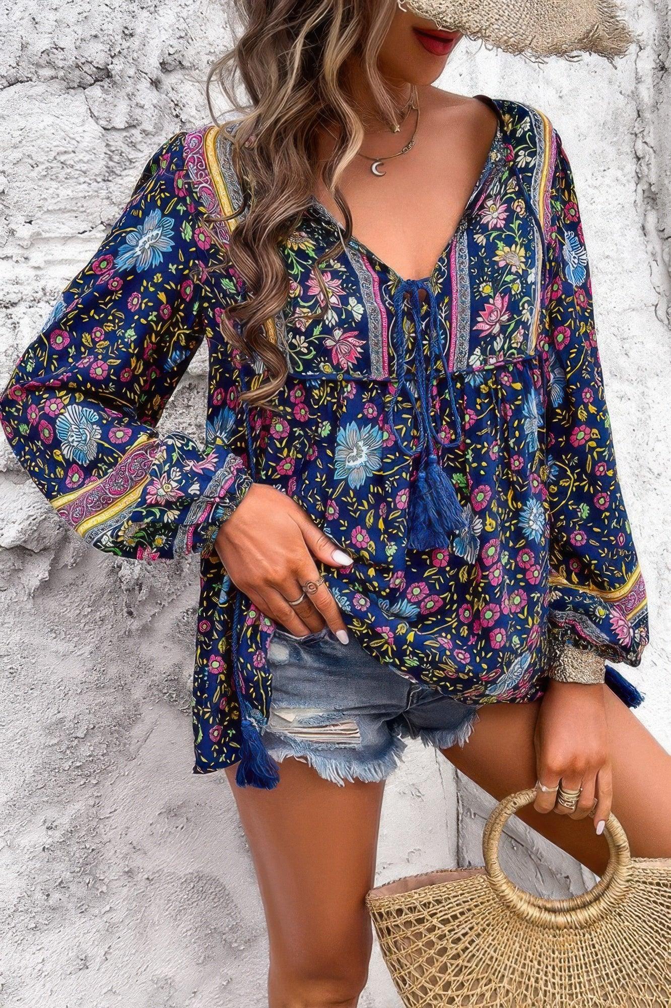 All Over Floral Print Cross Deep V Boho Top | Mixtshop LLC