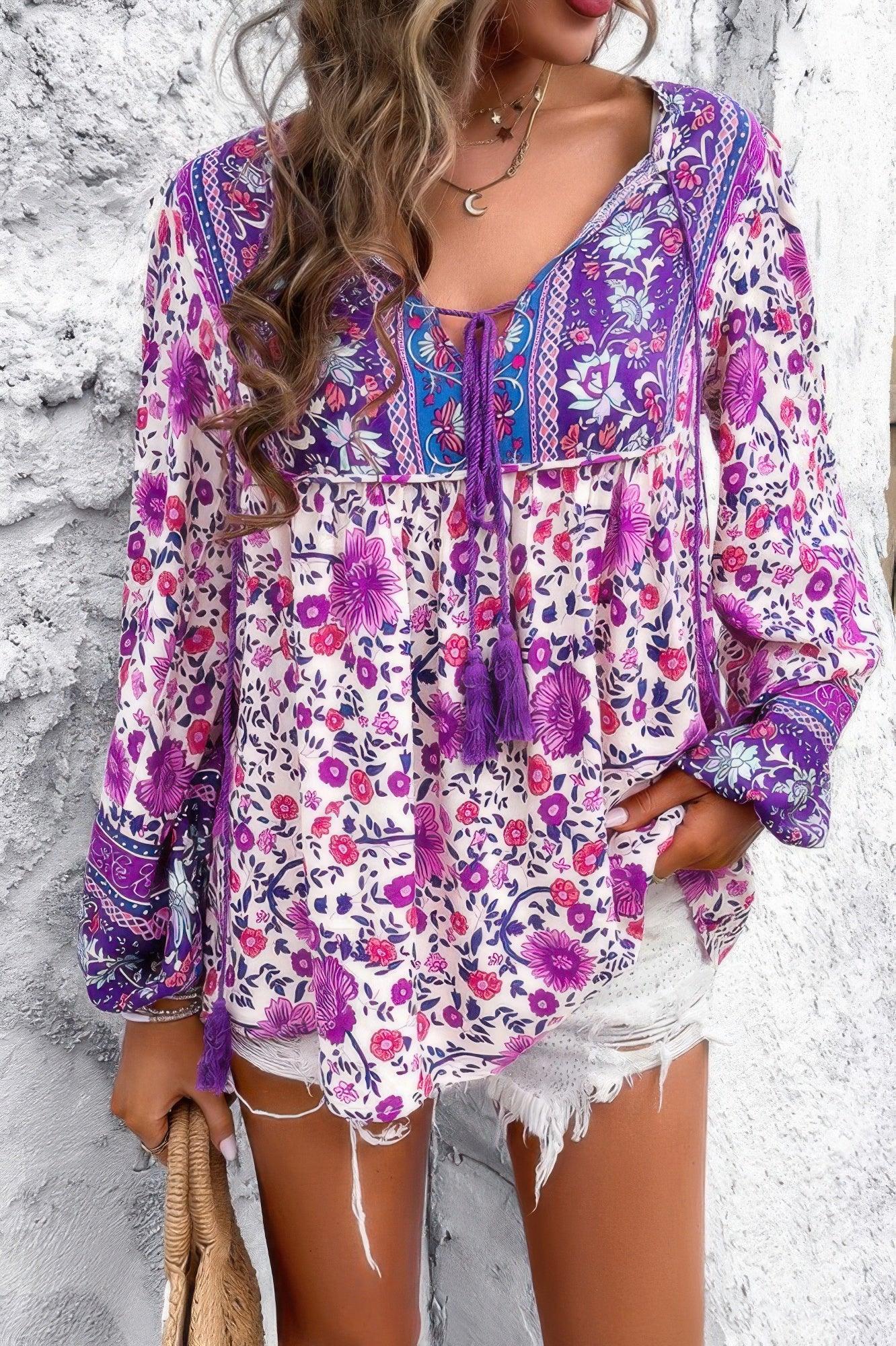 All Over Floral Print Cross Deep V Boho Top | Mixtshop LLC