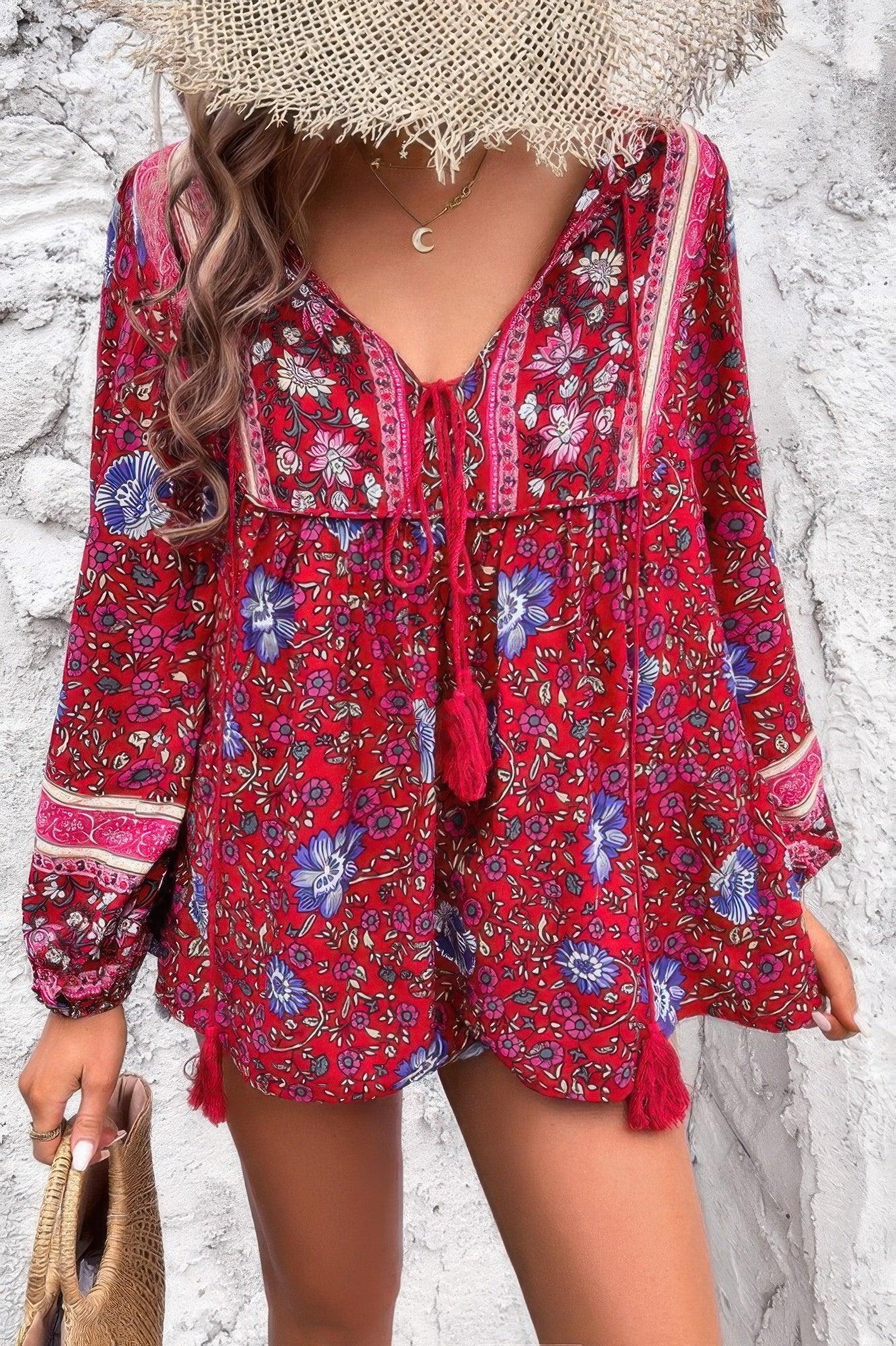 All Over Floral Print Cross Deep V Boho Top | Mixtshop LLC