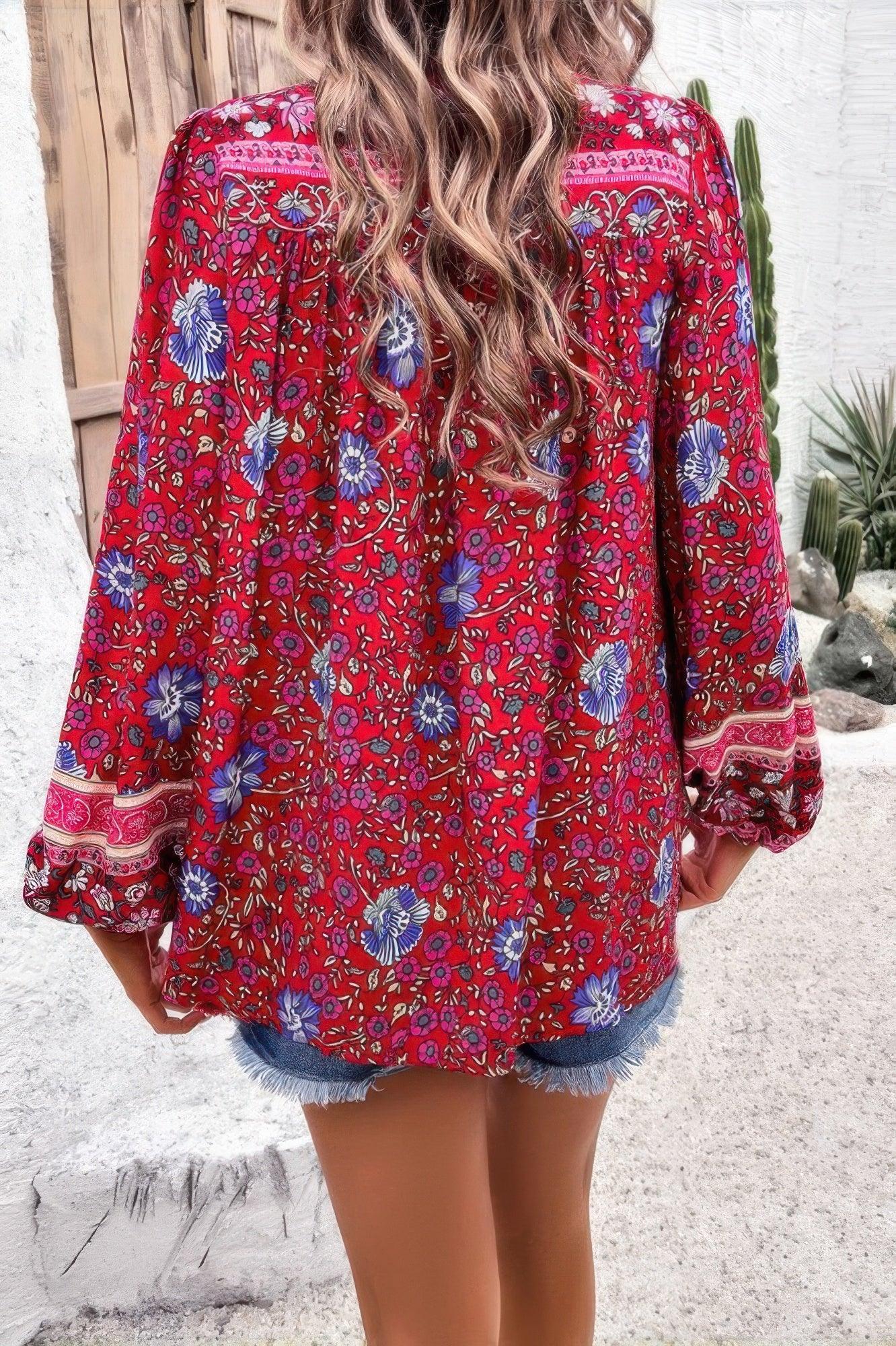 All Over Floral Print Cross Deep V Boho Top | Mixtshop LLC