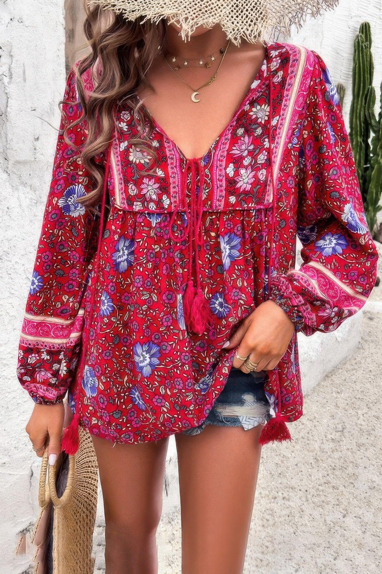 All Over Floral Print Cross Deep V Boho Top | Mixtshop LLC