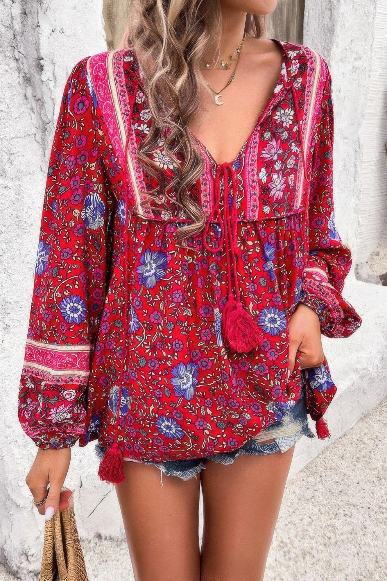 All Over Floral Print Cross Deep V Boho Top | Mixtshop LLC
