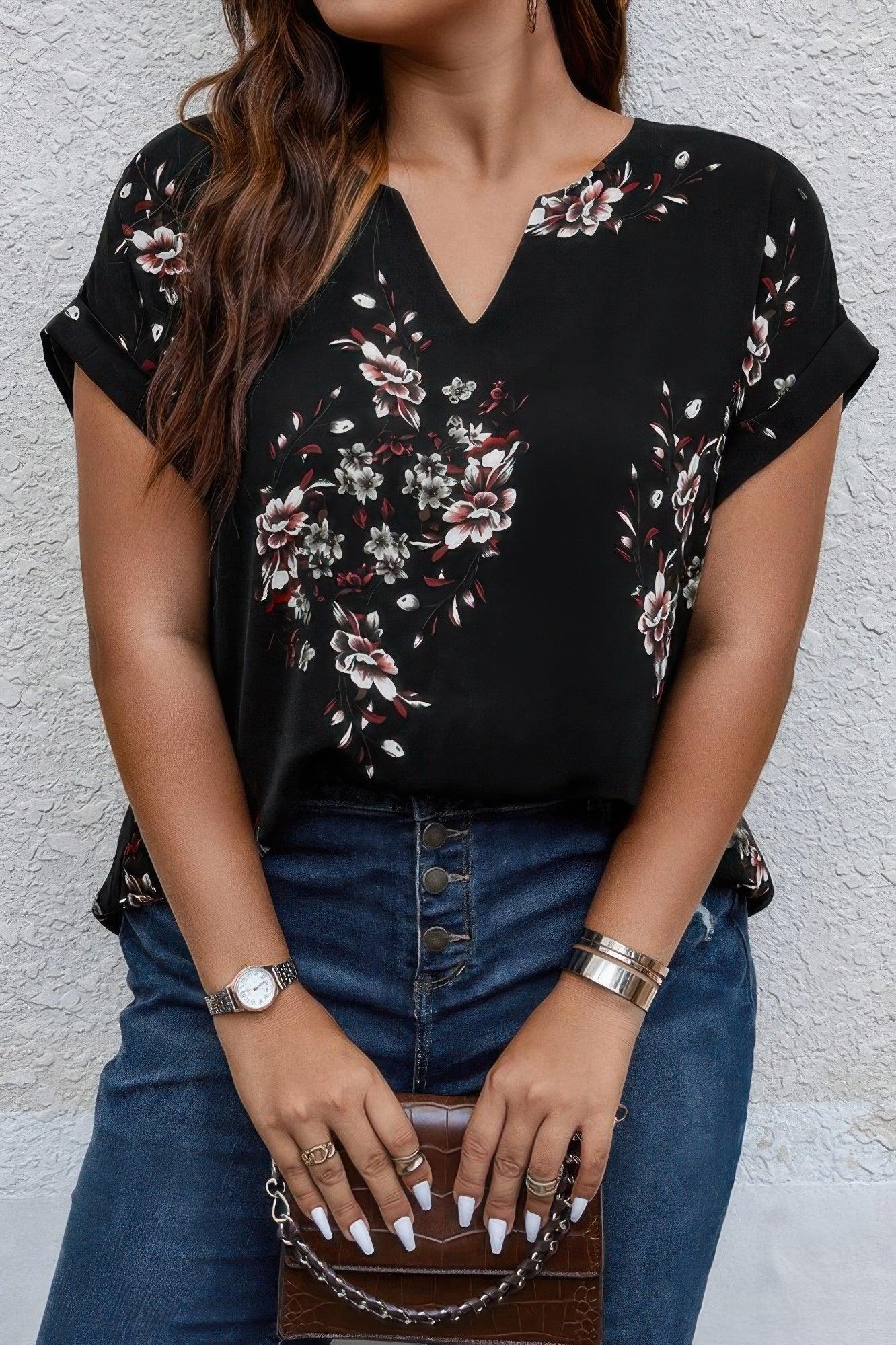 Plus Size Floral Print V Neck Loose Blouse | Mixtshop LLC Main image