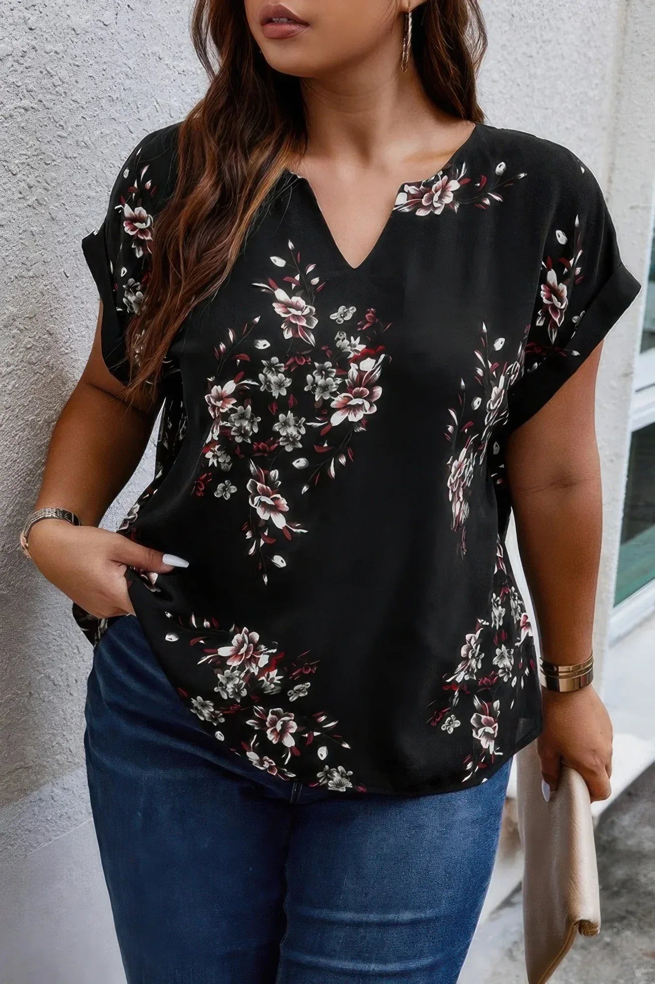Plus Size Floral Print V Neck Loose Blouse Secondary image