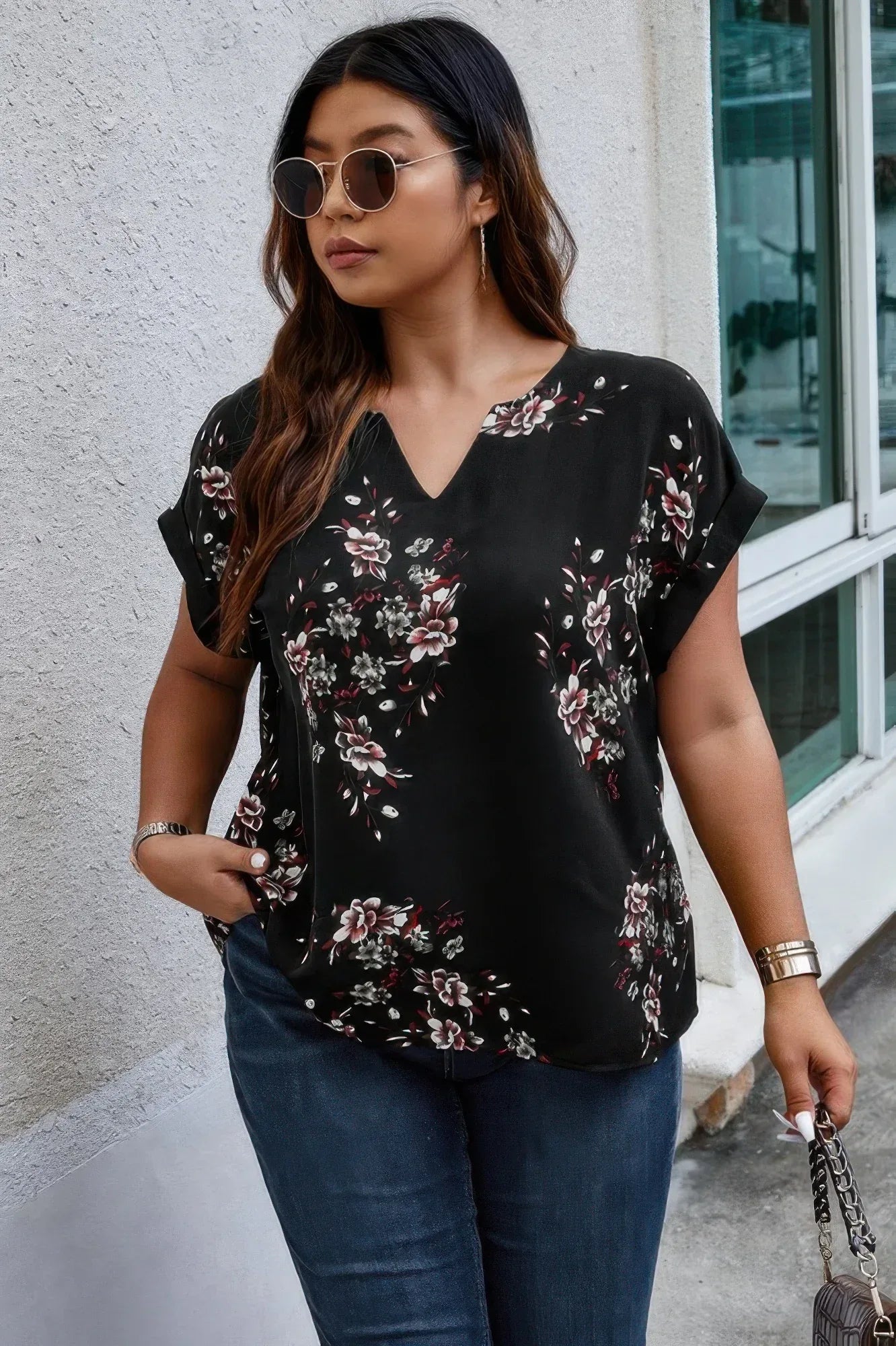 Plus Size Floral Print V Neck Loose Blouse | Mixtshop LLC