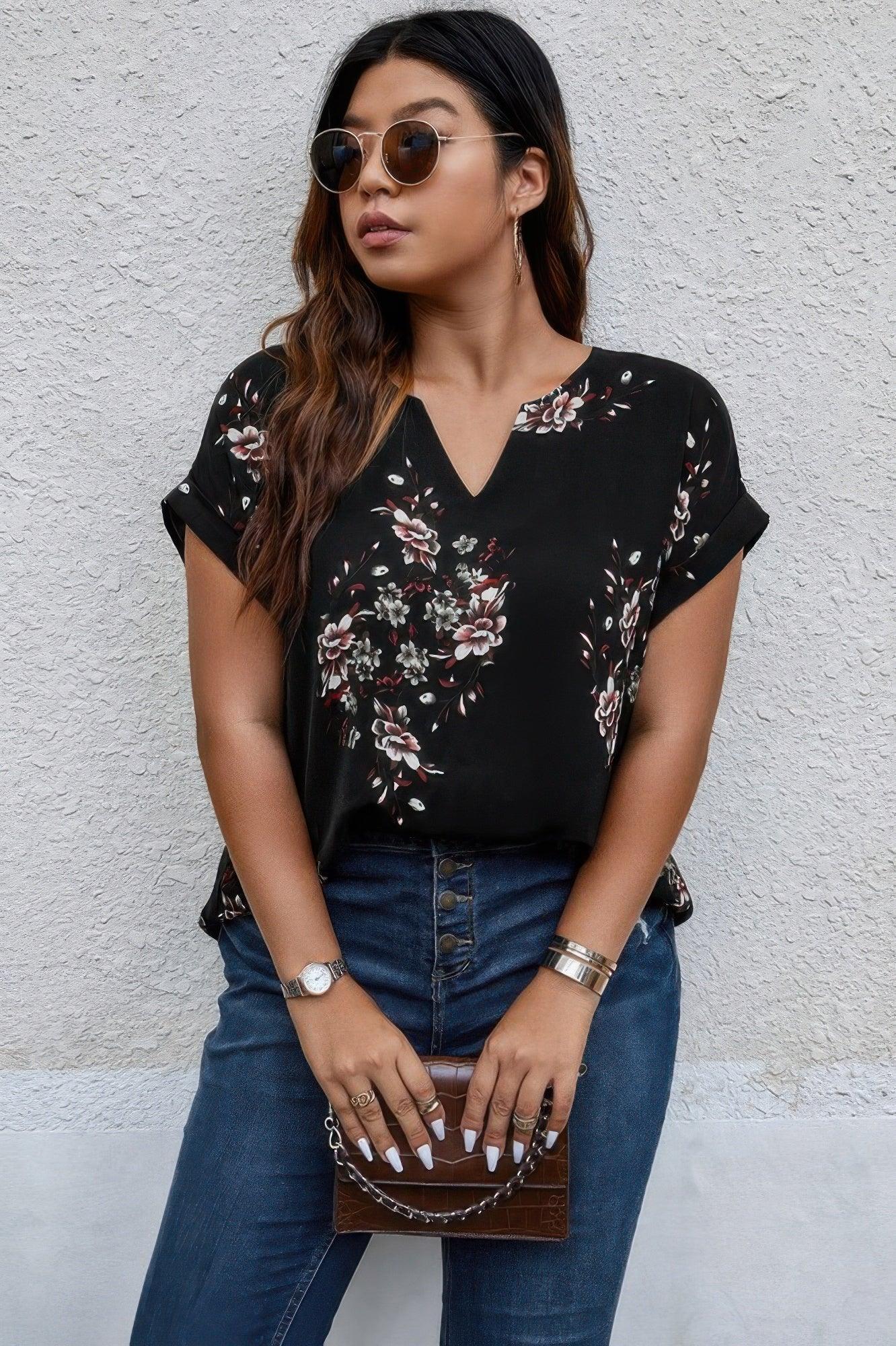 Plus Size Floral Print V Neck Loose Blouse | Mixtshop LLC