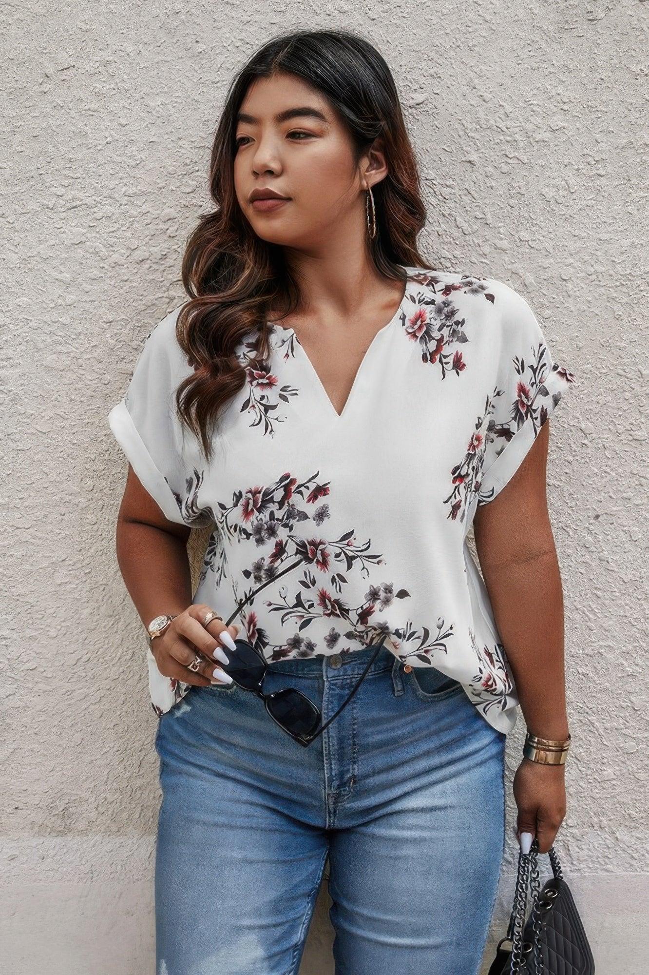 Plus Size Floral Print V Neck Loose Blouse | Mixtshop LLC