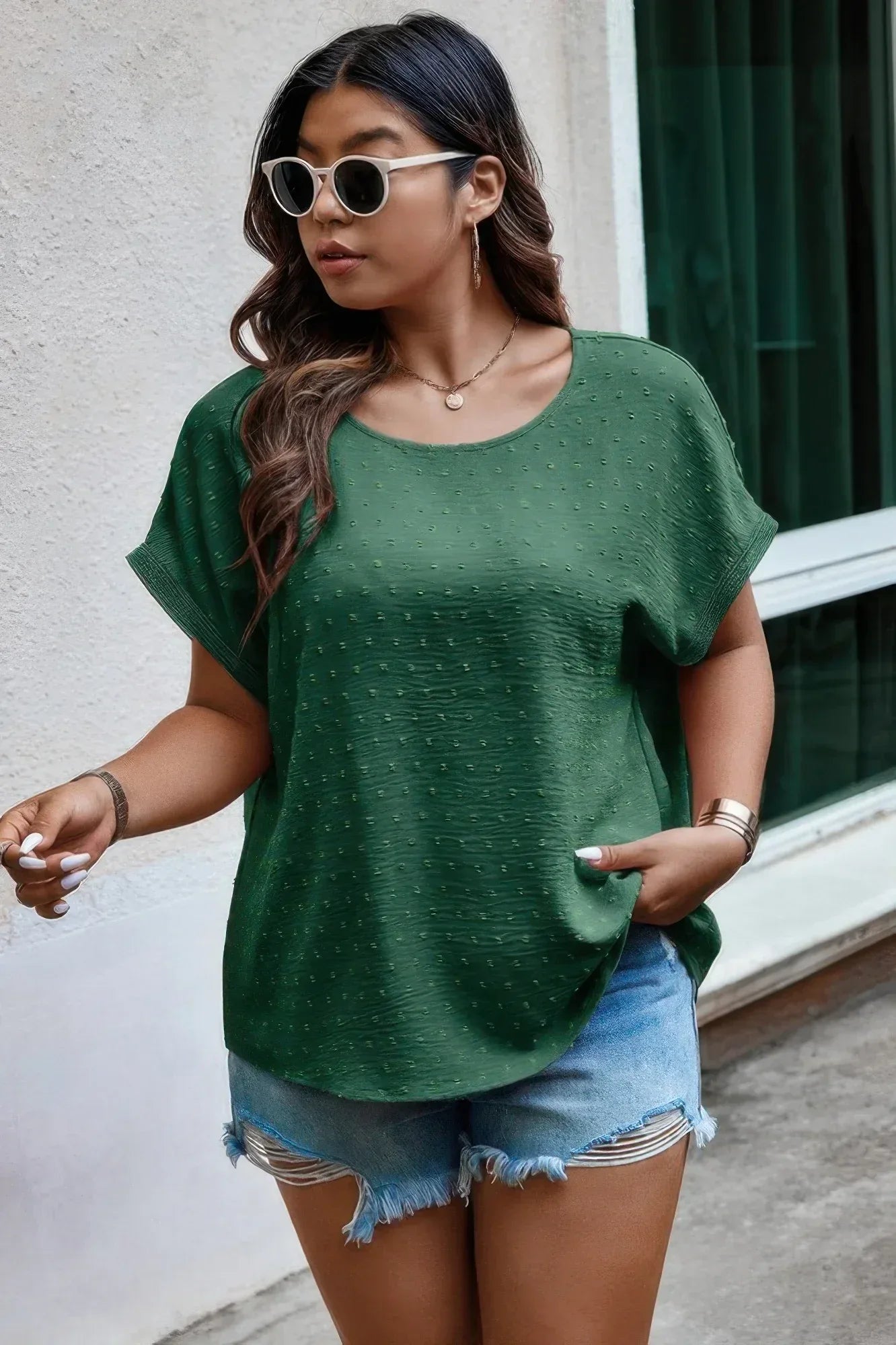 Plus Size Swiss Dot Solid Round Neck Loose Shirt | Mixtshop LLC