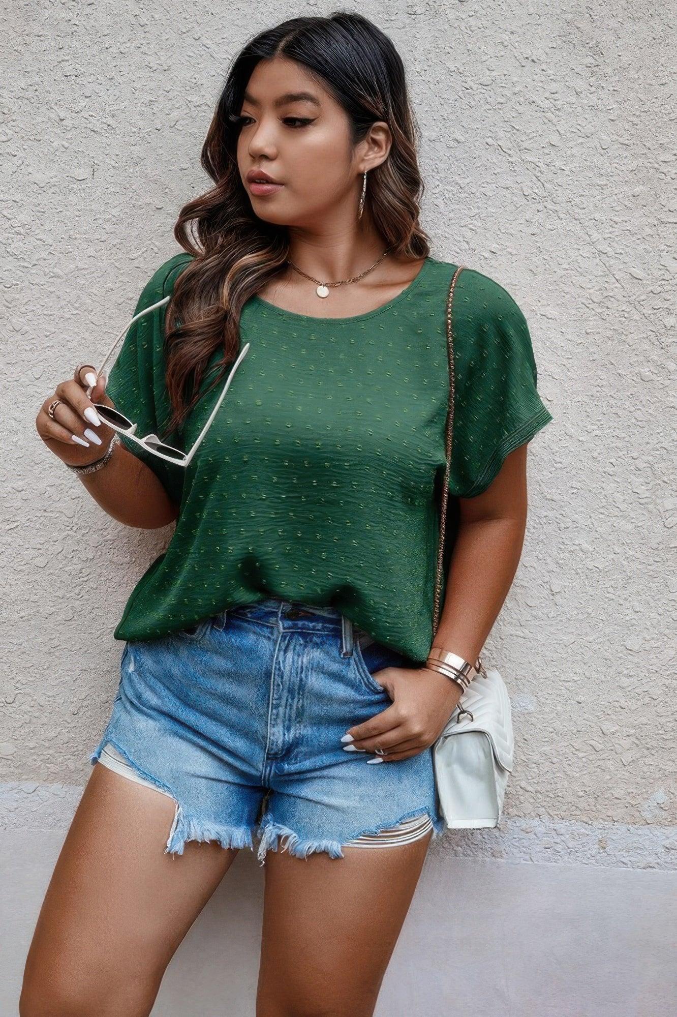Plus Size Swiss Dot Solid Round Neck Loose Shirt | Mixtshop LLC