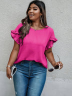 Plus Size Round Neck Ruffle Solid Loose Shirt | Mixtshop LLC