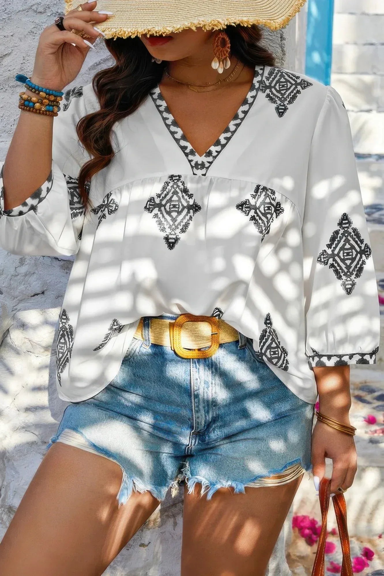Plus V Neck Geometric Printed Embroidered Peplum Shirt Secondary image