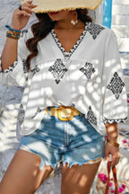 Plus V Neck Geometric Printed Embroidered Peplum Shirt | Mixtshop LLC