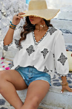Plus V Neck Geometric Printed Embroidered Peplum Shirt | Mixtshop LLC