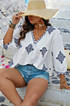 Plus V Neck Geometric Printed Embroidered Peplum Shirt | Mixtshop LLC