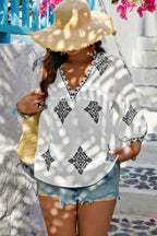Plus V Neck Geometric Printed Embroidered Peplum Shirt | Mixtshop LLC