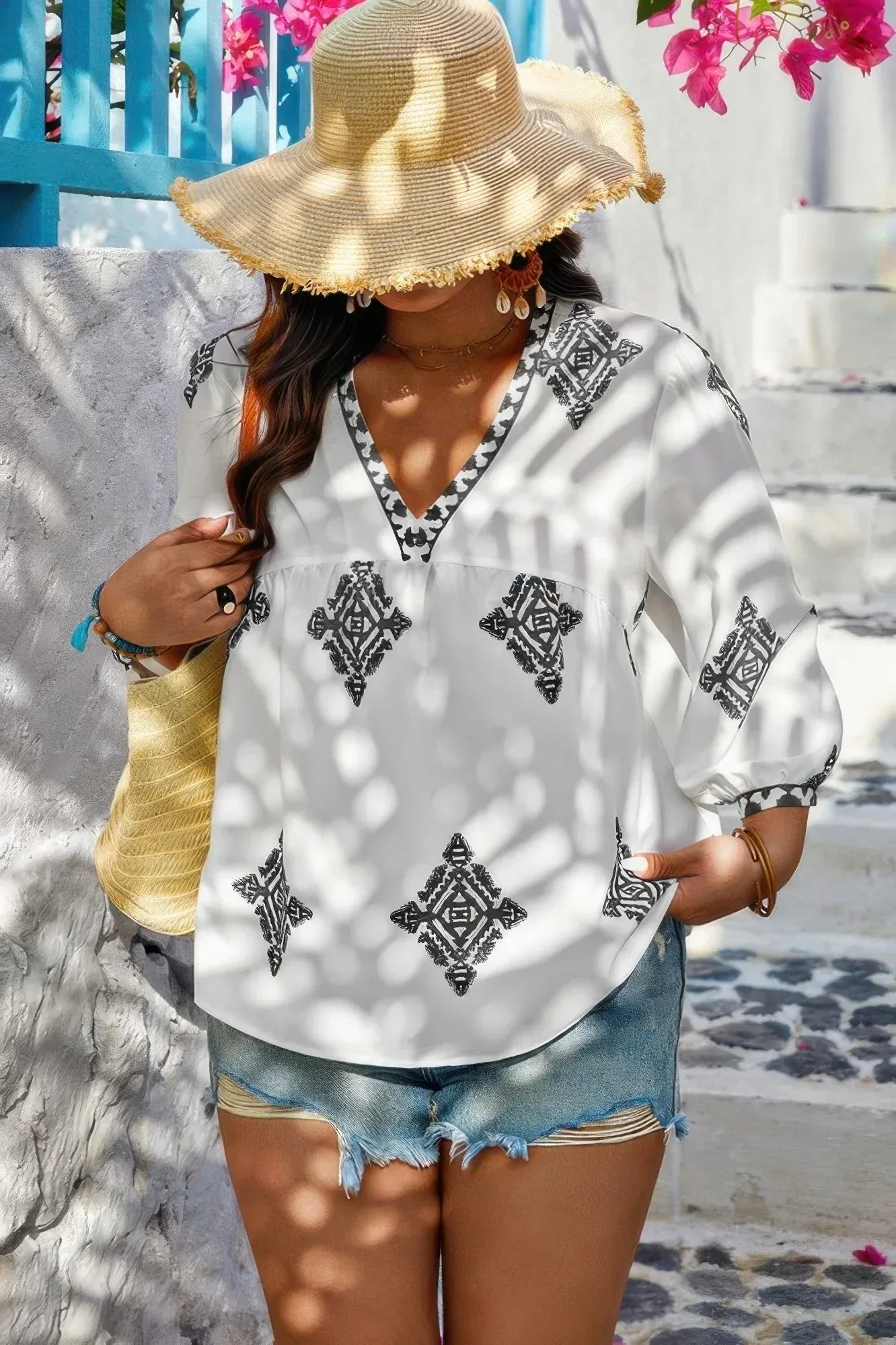 Plus V Neck Geometric Printed Embroidered Peplum Shirt | Mixtshop LLC