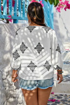 Plus V Neck Geometric Printed Embroidered Peplum Shirt | Mixtshop LLC