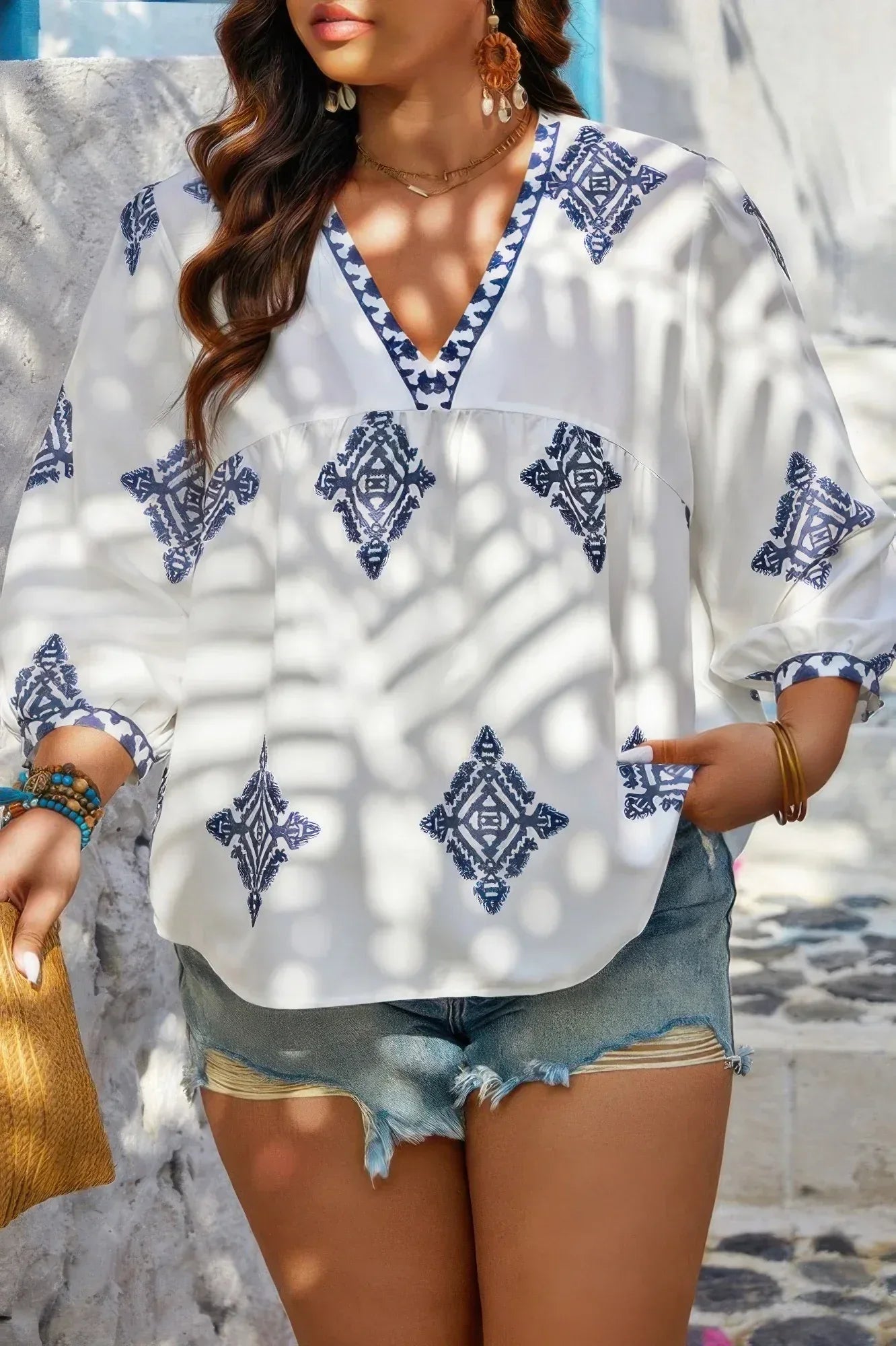Plus V Neck Geometric Printed Embroidered Peplum Shirt | Mixtshop LLC
