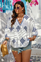 Plus V Neck Geometric Printed Embroidered Peplum Shirt | Mixtshop LLC