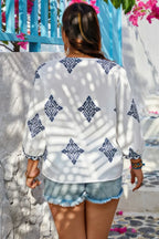 Plus V Neck Geometric Printed Embroidered Peplum Shirt | Mixtshop LLC
