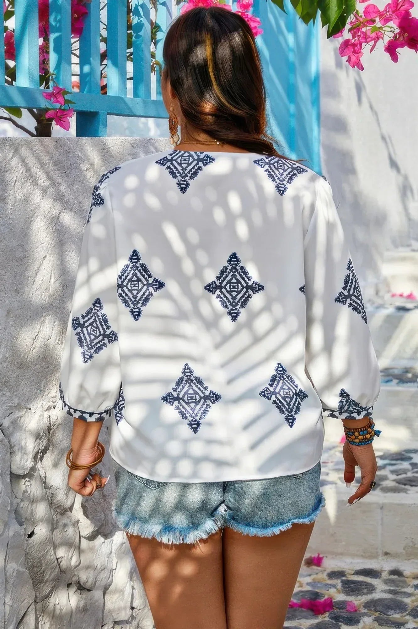Plus V Neck Geometric Printed Embroidered Peplum Shirt | Mixtshop LLC