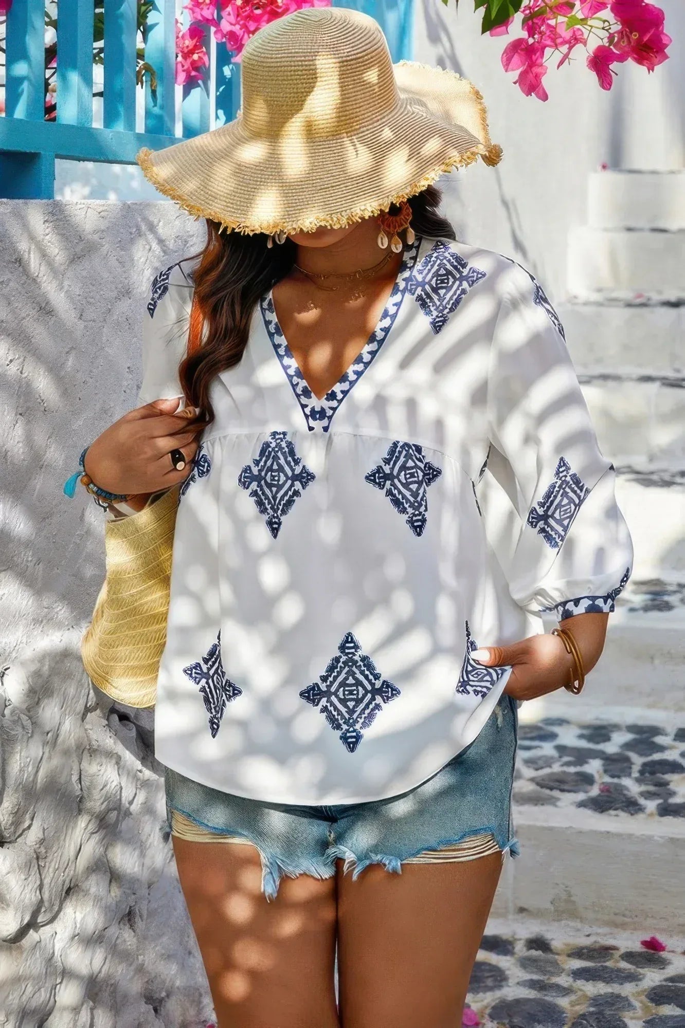Plus V Neck Geometric Printed Embroidered Peplum Shirt | Mixtshop LLC