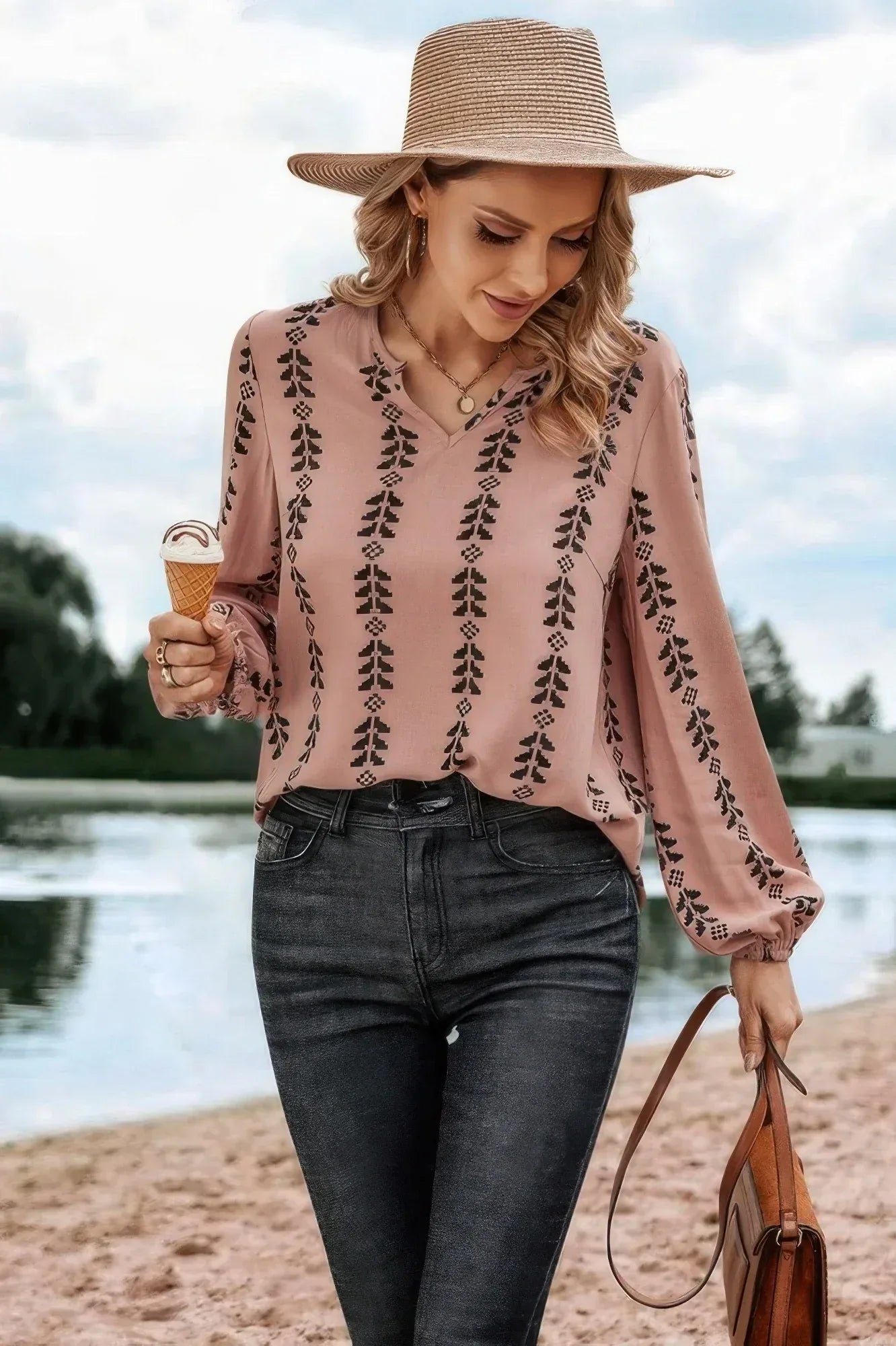 Graphic Print Strip Loose Fit V Neck Blouse Secondary image