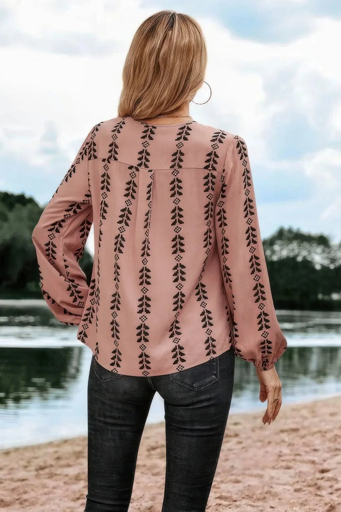 Graphic Print Strip Loose Fit V Neck Blouse | Mixtshop LLC