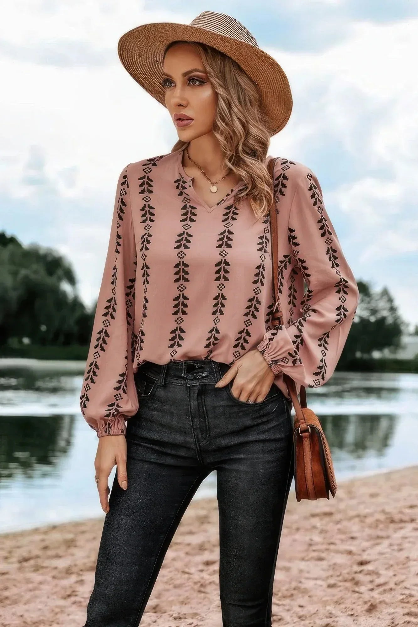 Graphic Print Strip Loose Fit V Neck Blouse | Mixtshop LLC