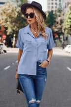 V Neck Button Down Roll Up Sleeve Loose Pocket Blouse | Mixtshop LLC