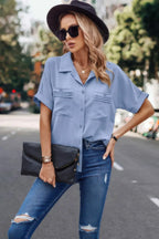 V Neck Button Down Roll Up Sleeve Loose Pocket Blouse | Mixtshop LLC