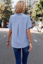 V Neck Button Down Roll Up Sleeve Loose Pocket Blouse | Mixtshop LLC