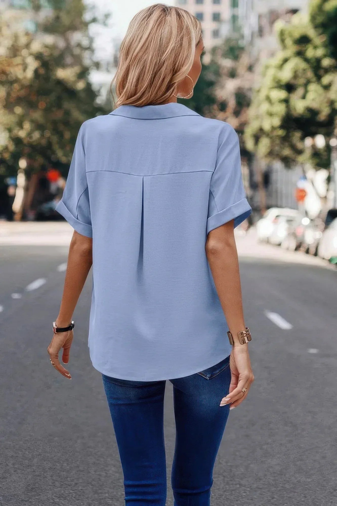 V Neck Button Down Roll Up Sleeve Loose Pocket Blouse | Mixtshop LLC