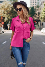 V Neck Button Down Roll Up Sleeve Loose Pocket Blouse | Mixtshop LLC