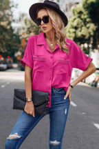 V Neck Button Down Roll Up Sleeve Loose Pocket Blouse | Mixtshop LLC