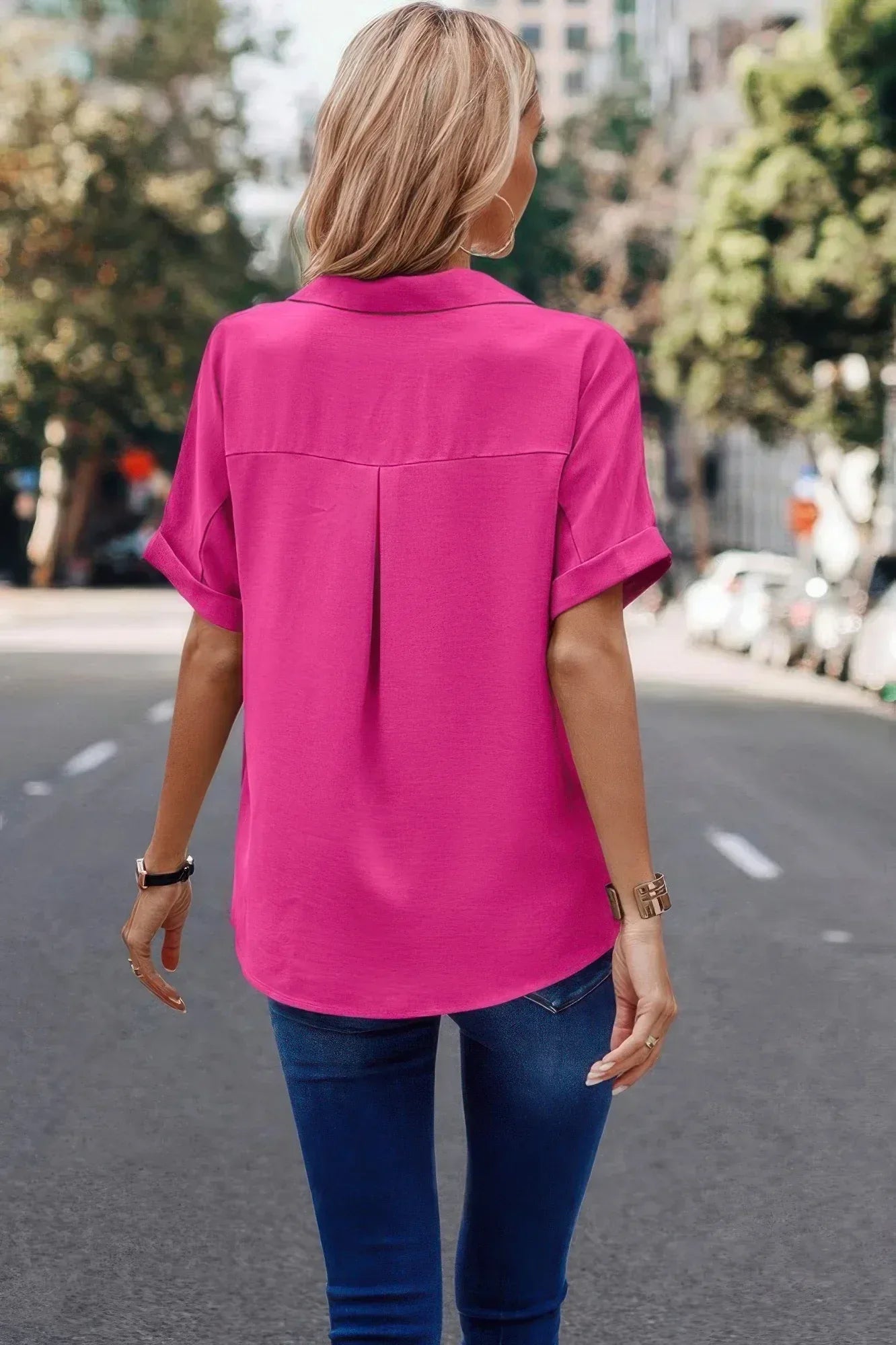 V Neck Button Down Roll Up Sleeve Loose Pocket Blouse | Mixtshop LLC