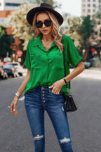 V Neck Button Down Roll Up Sleeve Loose Pocket Blouse | Mixtshop LLC