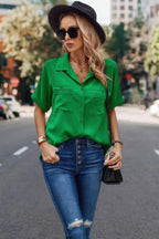 V Neck Button Down Roll Up Sleeve Loose Pocket Blouse | Mixtshop LLC